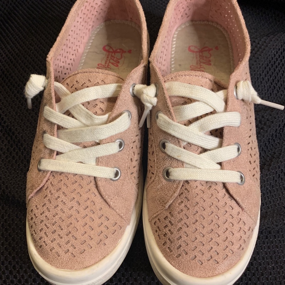 Soft pink, suede, slip on shoes